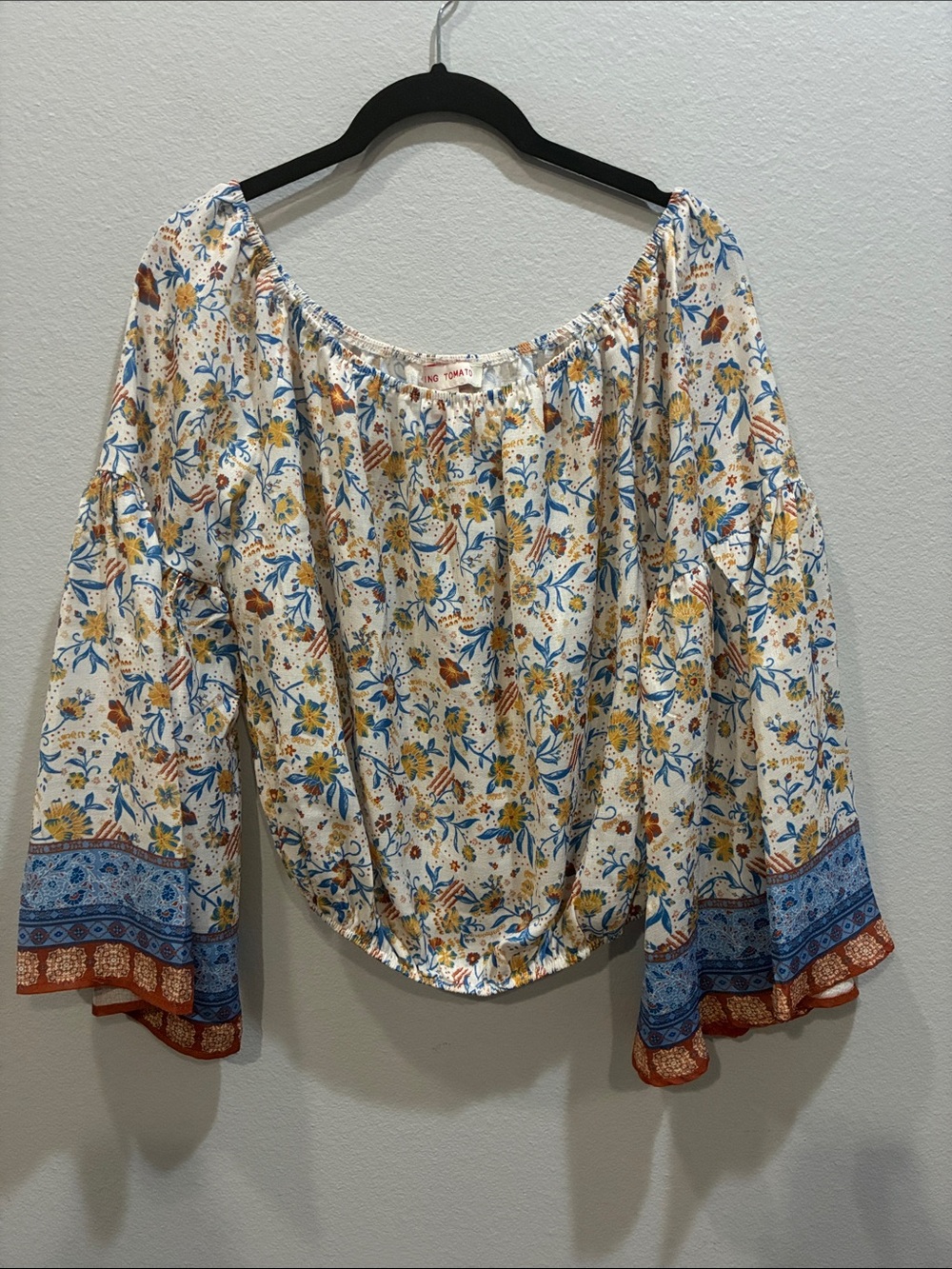 Flying Tomato Cream Floral Off-Shoulder Blouse with Blue and Rust Trim